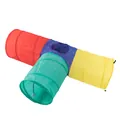 Foldable colorful T-shaped cat tunnel toy with hanging plush ball for indoor cats - Rainbow T-Shaped 3-Way Tunnel