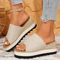 Linen-style wedge slippers with thick platform and neutral beige strap design. - 36 / Beige