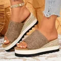 Women's brown linen wedge slippers featuring a thick stylish espadrille platform sole - 36 / Brown