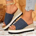 Stylish blue denim wedge sandals featuring woven platform and thick non-slip sole - 36 / Navy Blue