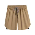 Detail view of men's double-layer fitness shorts in khaki with breathable mesh fabric - M / Bottoms / Khaki