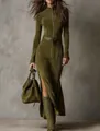Elegant olive green suede-style zipper jumpsuit with belt for a stylish 2025 autumn look - S / Top And Bottom / Army Green