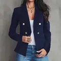 Elegant navy blue double-breasted blazer for women featuring classic golden buttons - S / Tops / Dark Blue