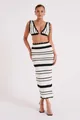 Detailed view of women's white and black striped knit crochet two-piece skirt set - S / Top And Bottom / White