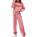 Damen-Sweatshirt-Set in Rosa mit markanten Regenbogenstreifen und elastischem Bund - Rosa