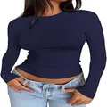 Detailweergave van een nauwsluitend marineblauw damesshirt met lange mouwen katoen - Marineblauw