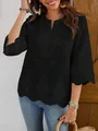 Close-up of women's black lace blouse with elegant hollow-out embroidery and V-neck - S / Tops / Black