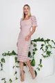 Elegant pink floral lace midi dress with puff sleeves and square neckline detail - S / Dresses / Pink