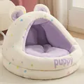 Semi-enclosed plush pet bed with polka dots and purple interior for cats and dogs - S / Polka Dot Bear (25 Edition)