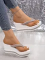 Elegantes chanclas de plataforma con cuña blanca y tiras de lentejuelas para mujer - 35 / Cuadrado Albaricoque
