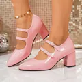 Escarpins Mary Jane chic en cuir verni rose avec doubles boucles et talons hauts carrés - 38 / Style Mary Jane à Double Boucle / Rose
