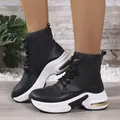 Side view of black PU leather high-top chunky sport boots with white platform soles - 38 / Black
