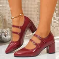 Escarpins Mary Jane en cuir verni bordeaux élégants avec double bride et talon carré - 38 / Style Mary Jane à Double Boucle / Bordeaux