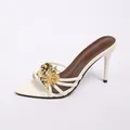 Elegant French style cream high heel sandal with a bold golden metallic flower design - 35 / Beige Flower