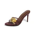 Elegant burgundy stiletto mule featuring a large 3D gold metallic flower ornament - 35 / Wine Red Flower