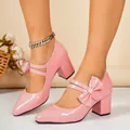 Élégantes chaussures roses vernies à talons épais avec nœud et bout pointu - 38 / Style de Décoration à Nœud / Rose