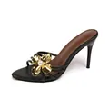Eleganti ciabatte nere con tacco a spillo, grande fiore in metallo dorato e perla - 35 / Perla Nera