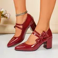 Escarpins élégants en cuir verni bordeaux à talons épais avec nœud et bout pointu - 38 / Style de Décoration à Nœud / Bordeaux