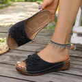 Elegant women's black wedge slippers featuring 3D flower decoration and white stitching - 36 / Black