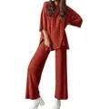 Loose terracotta women's two-piece set featuring short-sleeve top and wide-leg trousers - Brick Red