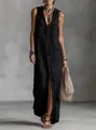 Elegant black sleeveless hooded maxi dress with front buttons and breathable fabric detail - S / Dresses / Black