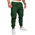 Detail view of men's dark green multi-pocket cargo pants with jogger cuffs - M / Bottoms / Green