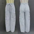 Light grey high-street cargo pants with multi-pockets and drawstring waist - Light Gray