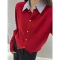 Red fake two-piece knit cardigan with striped shirt collar and vintage gold buttons - Tops / One Size / Red