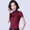 Elegant wine red short sleeve slim fit women's professional button-down dress shirt - 38 / Tops / Burgundy