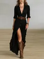 Full view of elegant black long sleeve maxi shirt dress with brown cowboy boots - S / Dresses / Black