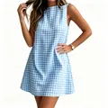 Macro detail of the blue and white gingham fabric on a sleeveless casual summer dress. - S / Dresses / Light Blue