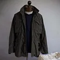 Vintage olive green men's heavy-duty field jacket with multi-pocket utility design - 3XL / Tops / Black