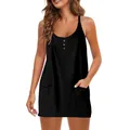 Close-up detail of a casual black V-neck sleeveless mini dress with front pockets - S / Dresses / Black
