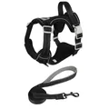 Close-up detail of reflective breathable black dog vest harness with matching leash set - S / Harness Set / Black