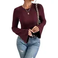 Close-up of a burgundy ribbed knit top featuring elegant flared bell sleeves and a classic crew neck - S / Tops / Burgundy