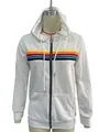 Detailweergave van een witte hoodie met rits, kleurrijke regenboogstrepen en zachte voering - S / Tops / Wit