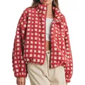 Detailed view of women's red and white checkered sherpa fleece jacket on model. - S / Tops / Red Plaid