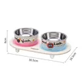 Dubbele roestvrijstalen voerbakenset op verhoogde standaard, antislipbasis, lengte 30,5 cm. - Kleurrijke Editie / Roze & Blauw (Met Roestvrij Staal)