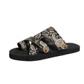 Detailed side view of women's toe-thong sandals with ethnic paisley pattern straps - 44 / Black