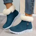 Gedetailleerd overzicht van blauwe winterlaarzen voor dames met bontkraag en dikke zolen - 38 / Blauw