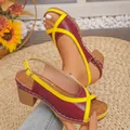 Close-up of color-block maroon and yellow mid-heel peep-toe sandals for summer. - 36 / Red