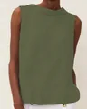 Detail of olive green cotton linen sleeveless top with elegant boat neck design - Army Green