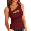 Detailed macro shot of burgundy ribbed sleeveless tank top with asymmetric cutout design - Burgundy