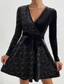 Elegant black V-neck sequin party dress with long sleeves and velvet bow waist sash - S / Dresses / Black