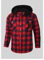 Vista frontale di una camicia di flanella a scacchi rossi e neri con cappuccio nero. - Taglia S / Top / Quadri rossi e neri