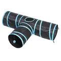 Foldable T-shaped cat tunnel toy in black and blue polyester fabric - Black & Blue Striped T-Way Tunnel