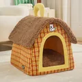 Maison fermée pour animaux avec motif à carreaux et toit en peluche douce marron - S / Carreaux Rétro Chien / 40*35*35cm
