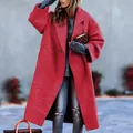 Detailed view of the texture and fit of a long red wool coat for autumn and winter - S / Top (155) / Red