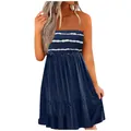Detailed view of navy blue smocked tube dress featuring white stripes and tiered ruffles - S / Dresses / Navy Blue