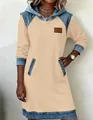 Detailed view of women's khaki hooded dress with blue denim patchwork accents - 4XL / Dresses / Yellow